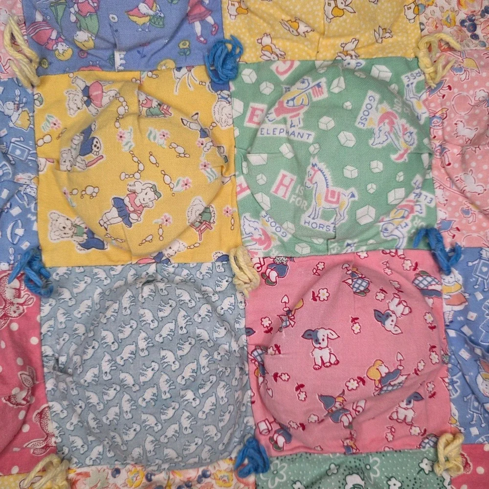 Vintage Handmade Pastel Floral Puff Biscuit Baby Quilt Patchwork Cottagecore